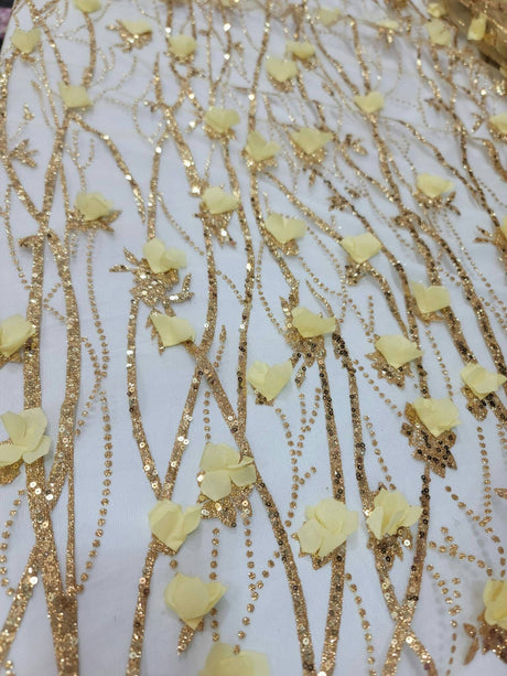 3D Sequin Lace Gold Floral Embroidered