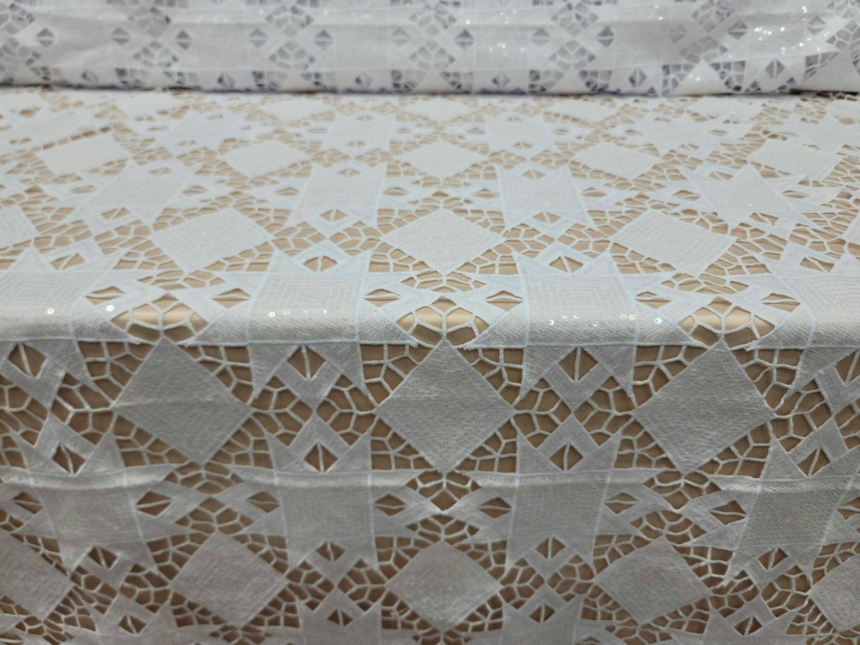 Embroidered Sequin Guipure Lace White