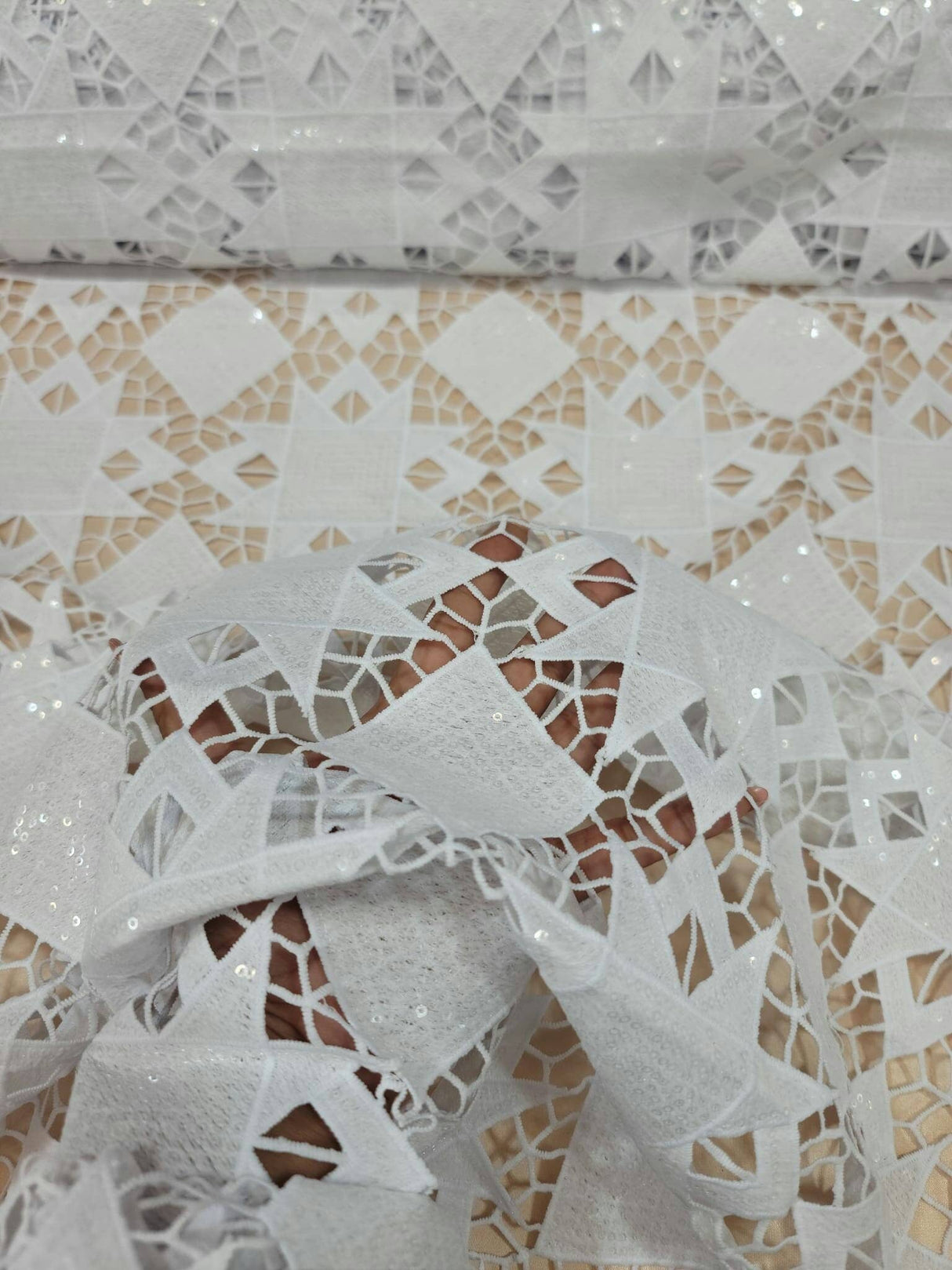 Embroidered Sequin Guipure Lace White