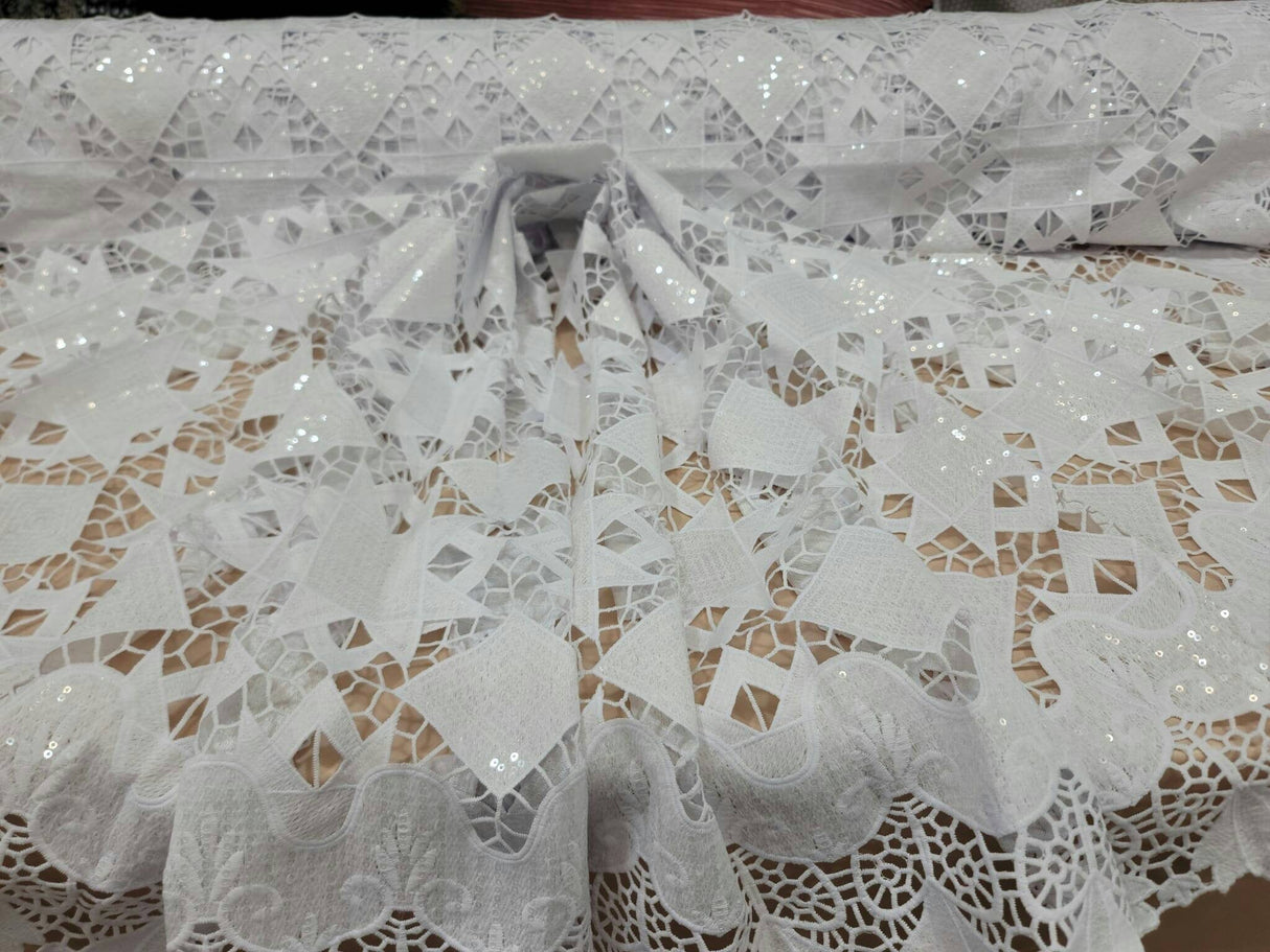 Embroidered Sequin Guipure Lace White
