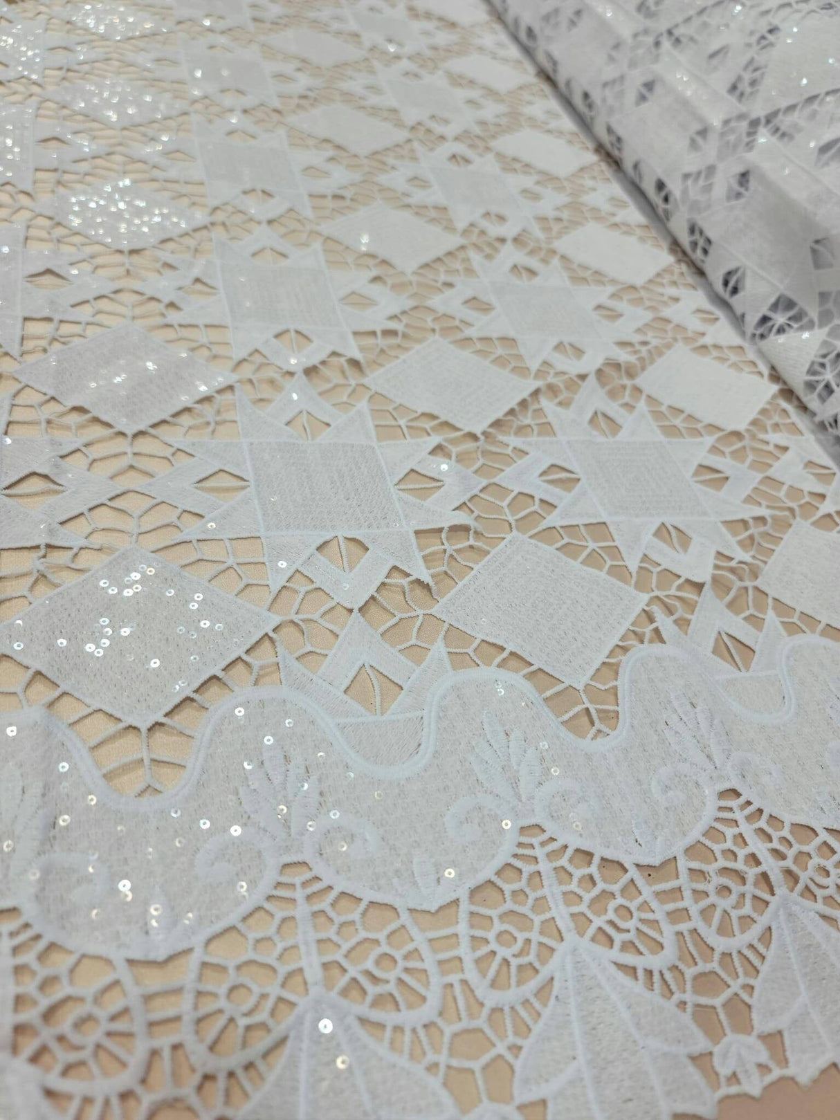 Embroidered Sequin Guipure Lace White