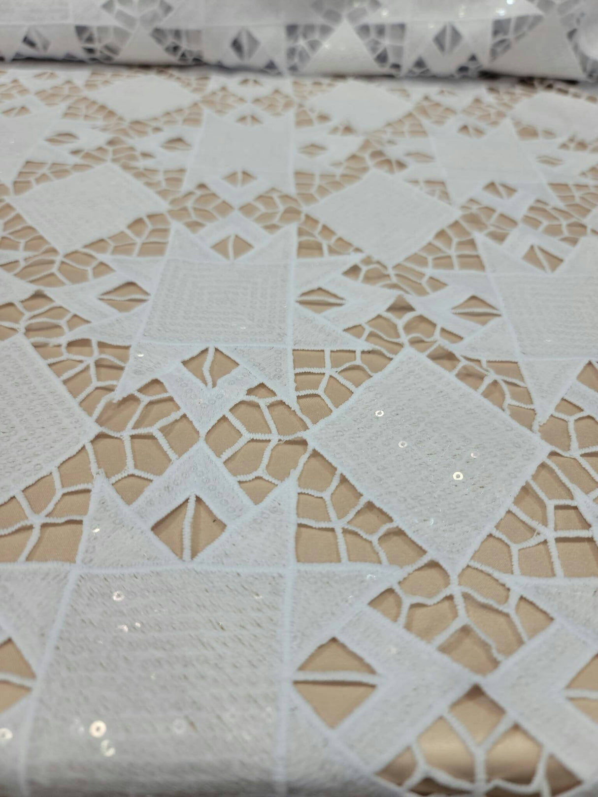 Embroidered Sequin Guipure Lace White