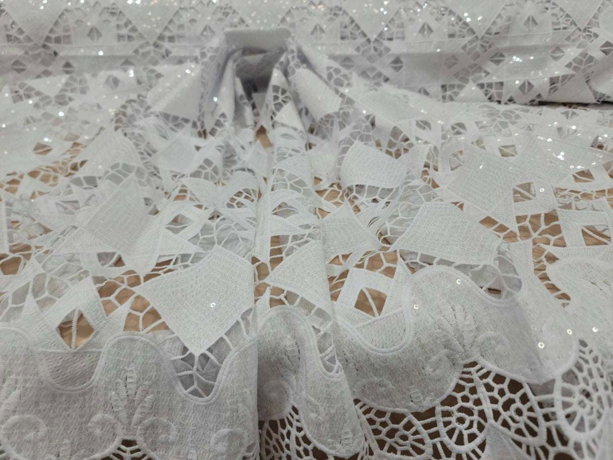 Embroidered Sequin Guipure Lace White