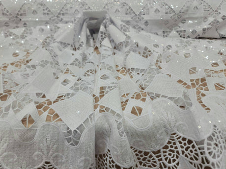 Embroidered Sequin Guipure Lace White