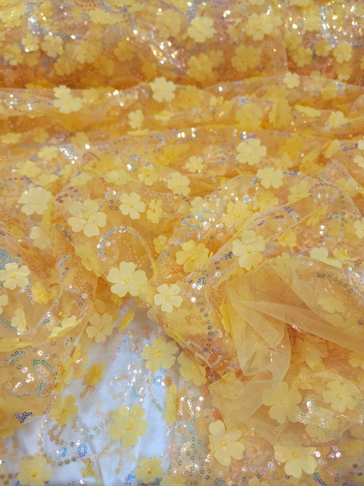 3D Floral Embroidery Lace Yellow