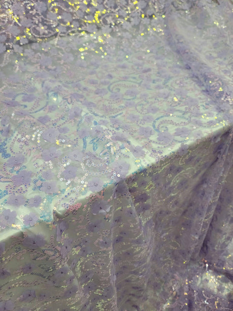 3D Floral Lace Embroidery Lavender Sequin Fabric