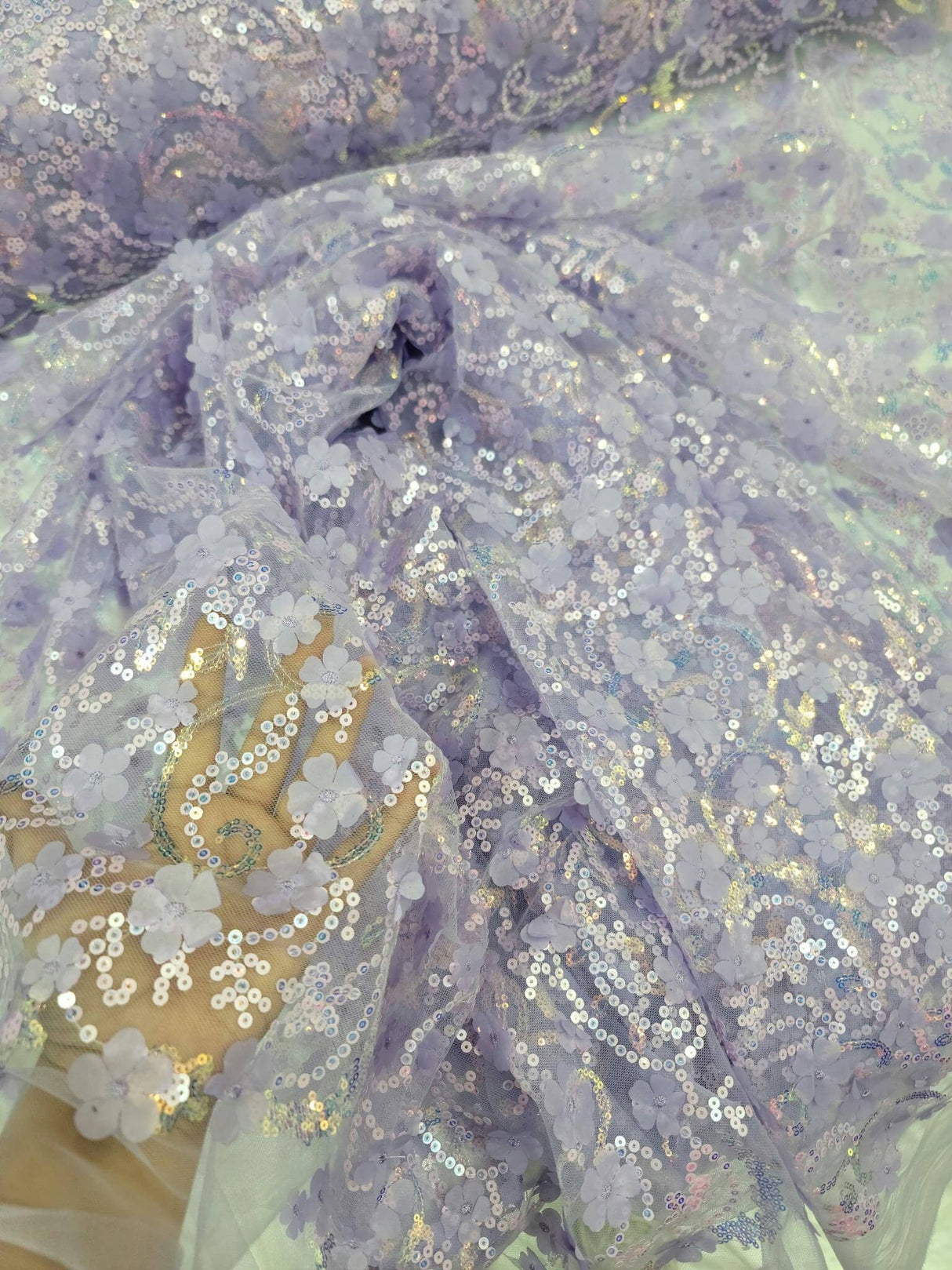 3D Floral Lace Embroidery Lavender Sequin Fabric