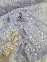3D Floral Lace Embroidery Lavender Sequin Fabric