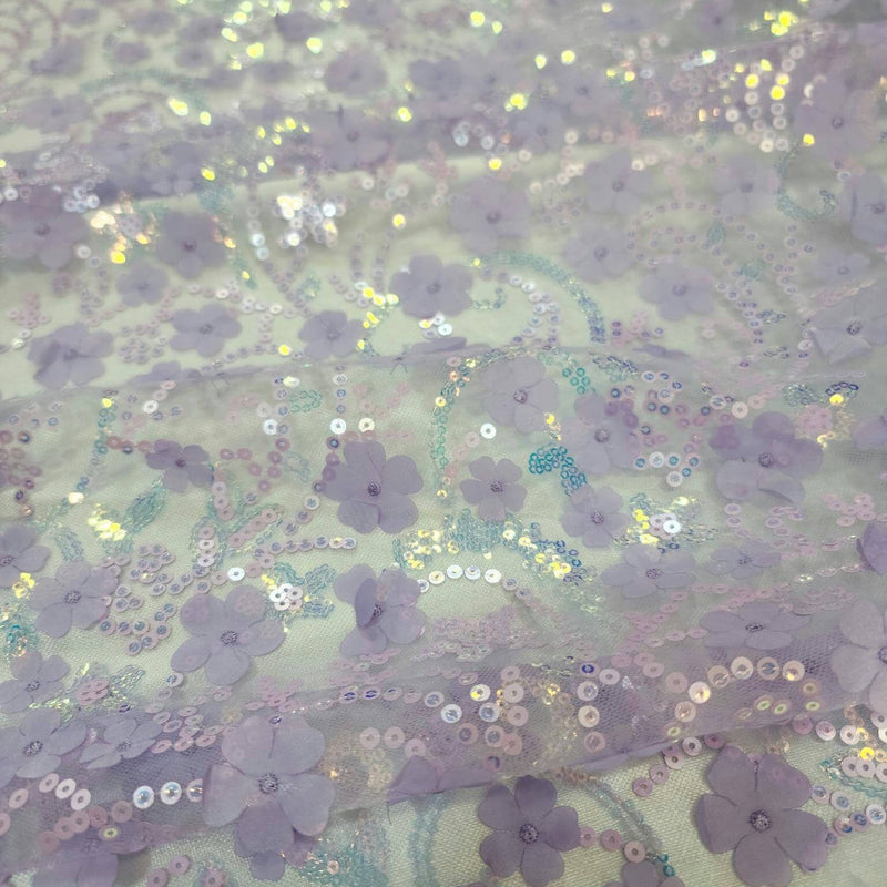 3D Floral Lace Embroidery Lavender Sequin Fabric
