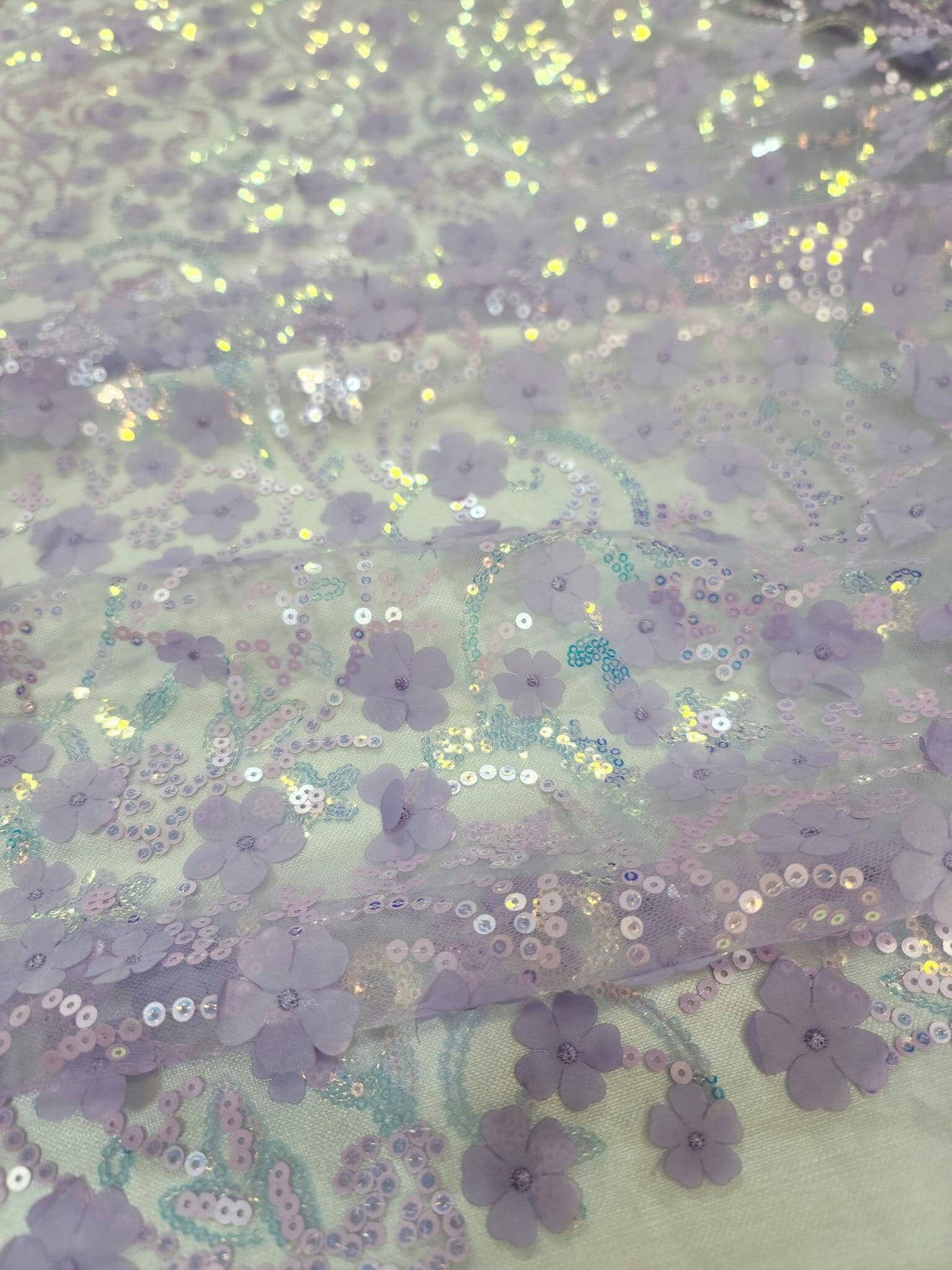 3D Floral Lace Embroidery Lavender Sequin Fabric