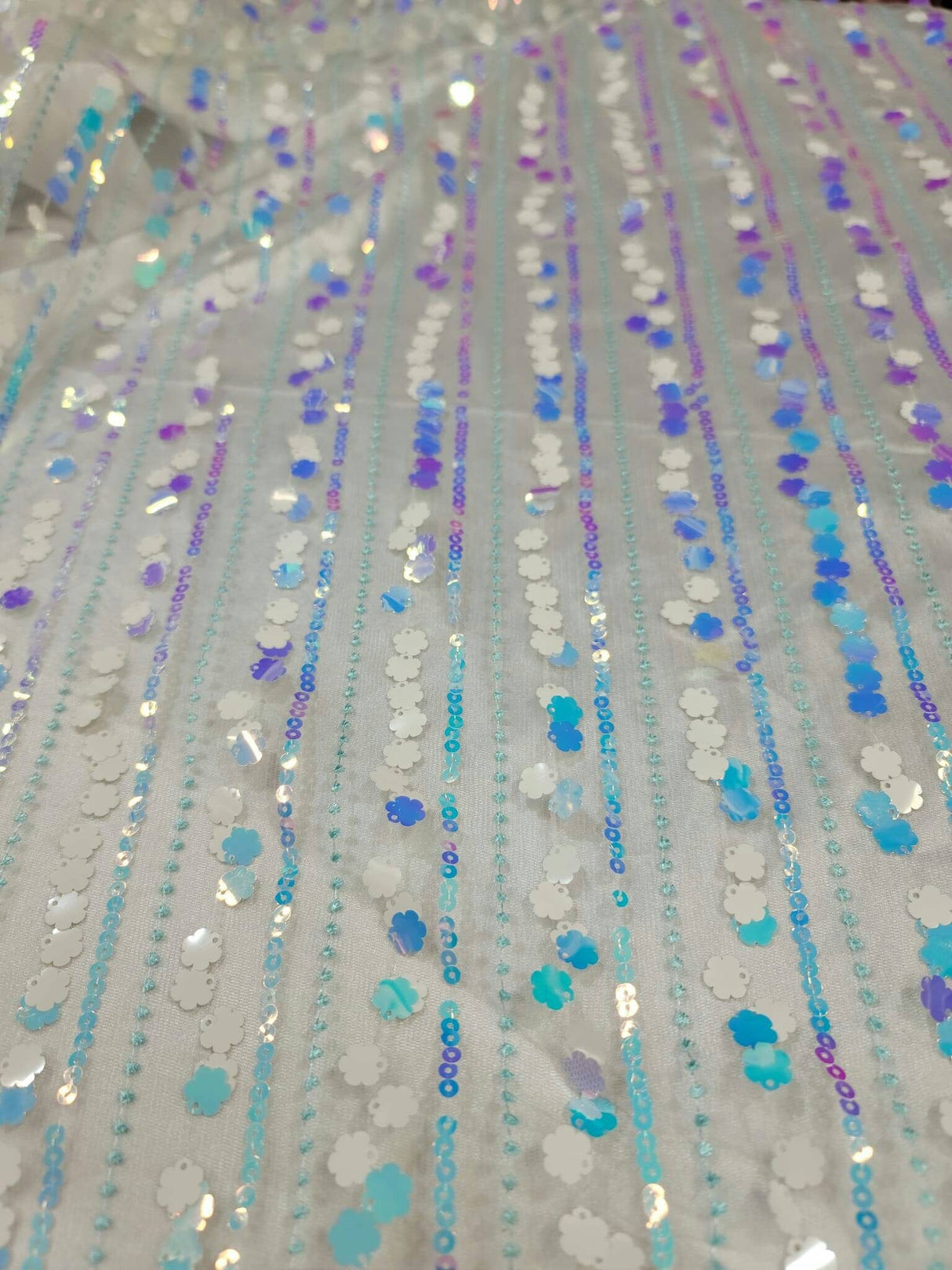 Embroidered Lace Floral Sequin Mesh White