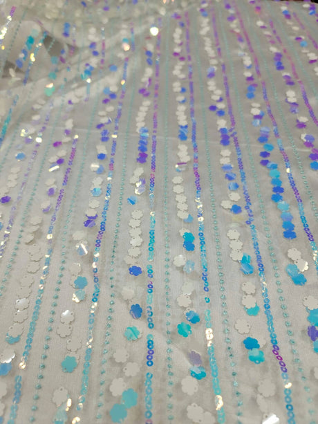 Embroidered Lace Floral Sequin Mesh White