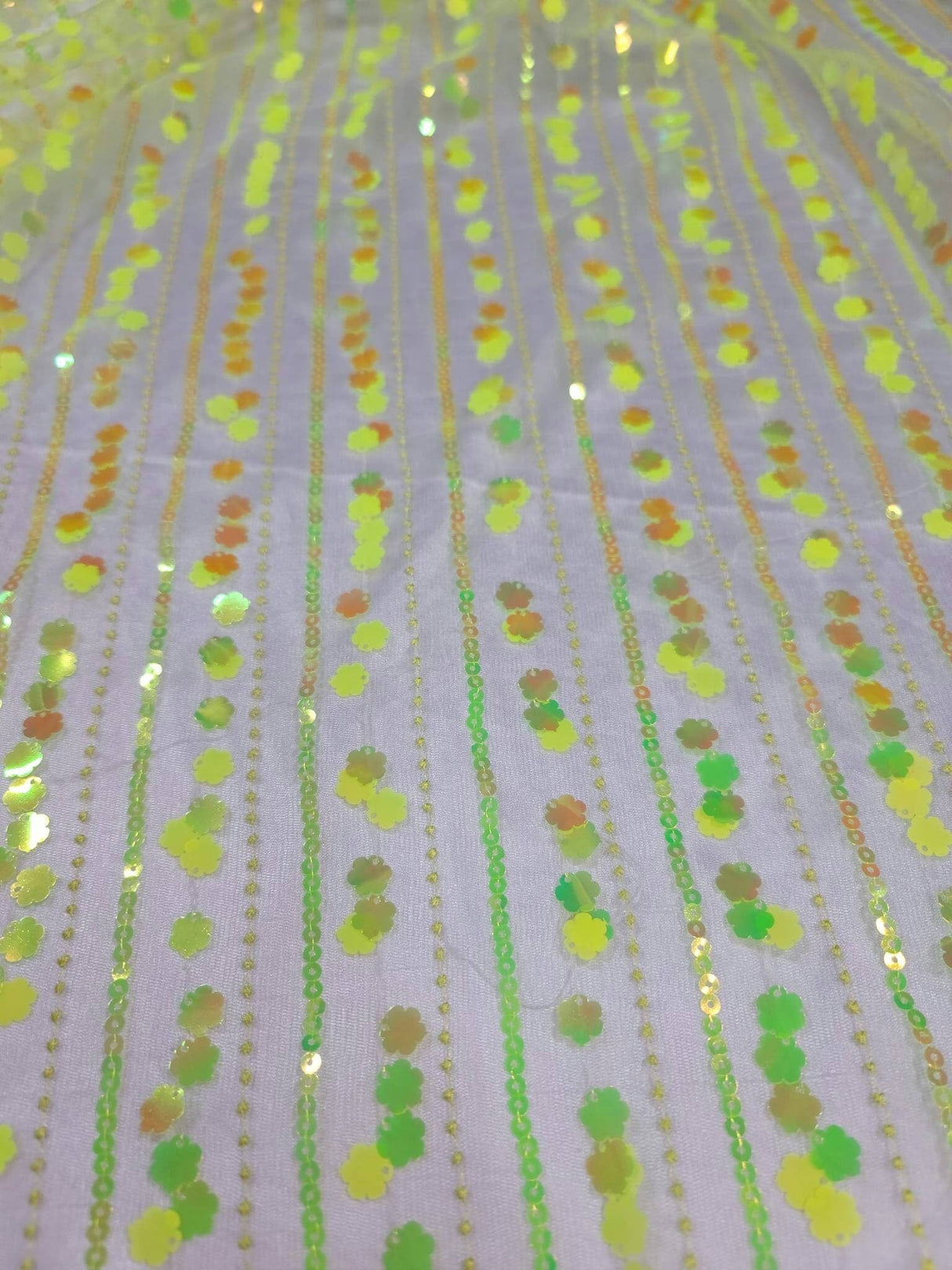 3D Sequin Iridescent Floral Mesh Fabric Neon Green