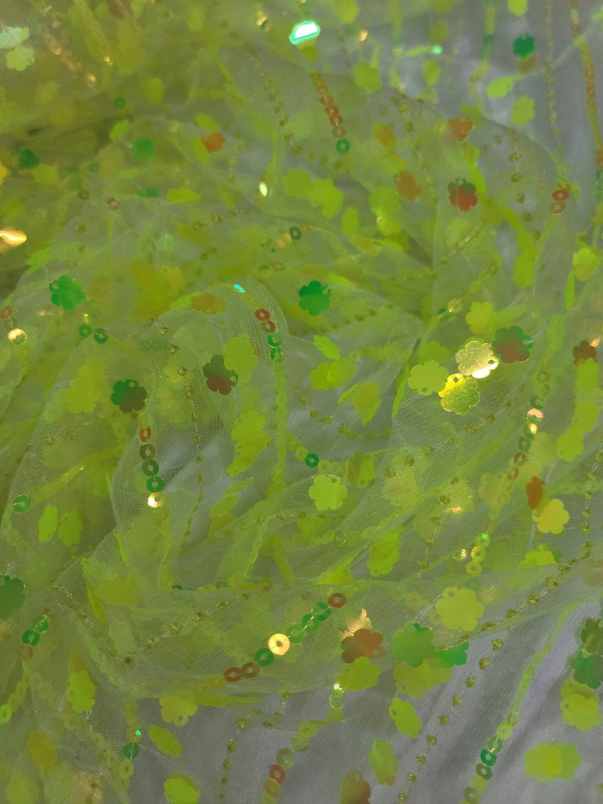 3D Sequin Iridescent Floral Mesh Fabric Neon Green