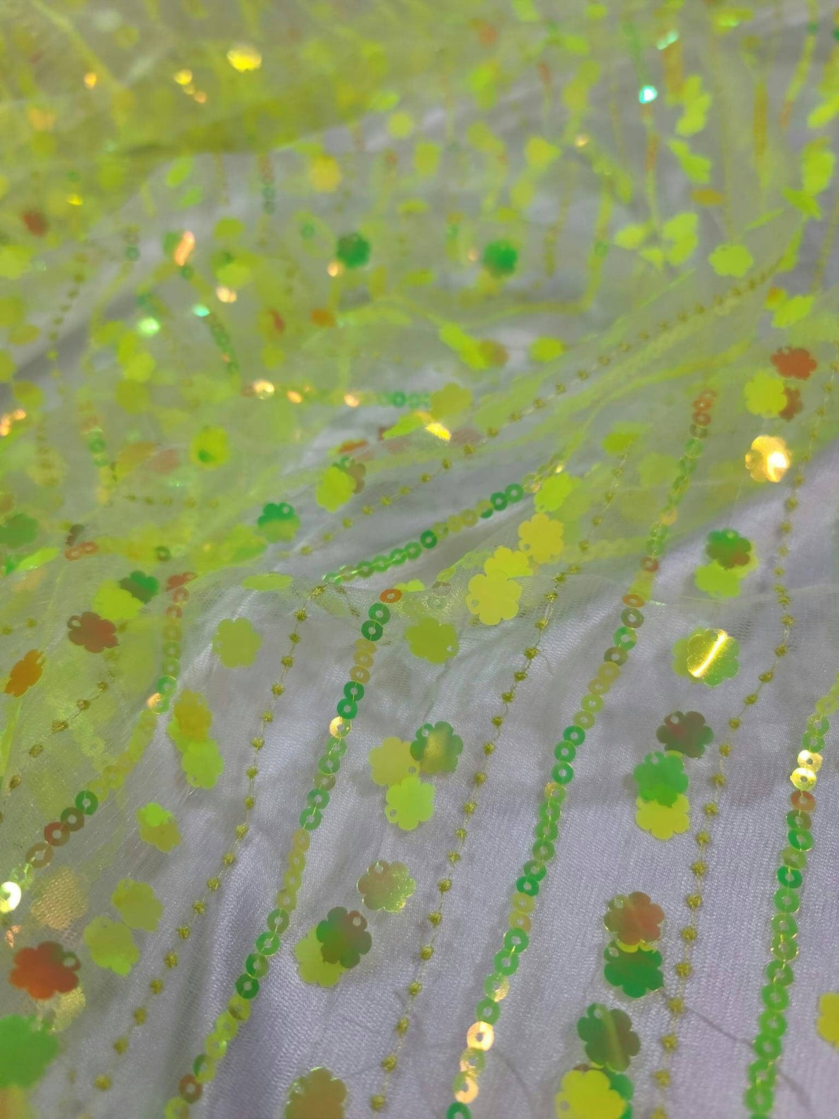 3D Sequin Iridescent Floral Mesh Fabric Neon Green