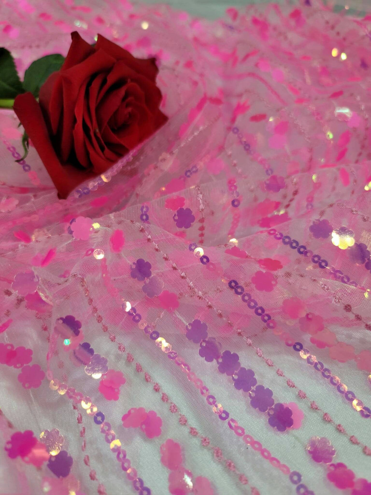 3D Sequin Lace Neon Pink Floral