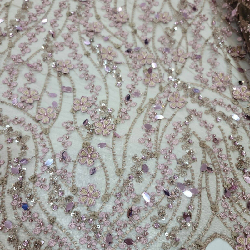 Beaded Lace 3D Embroidery Mauve Taupe Mesh