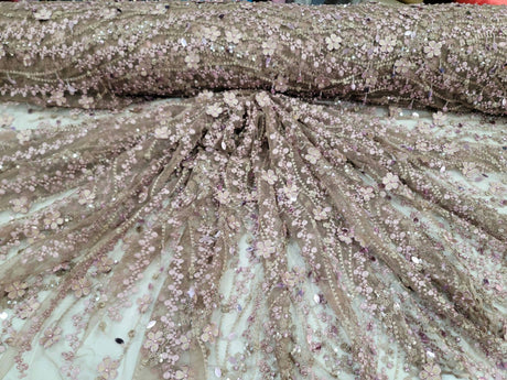 Beaded Lace 3D Embroidery Mauve Taupe Mesh