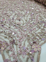 Beaded Lace 3D Embroidery Mauve Taupe Mesh