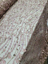 Beaded Lace 3D Embroidery Mauve Taupe Mesh