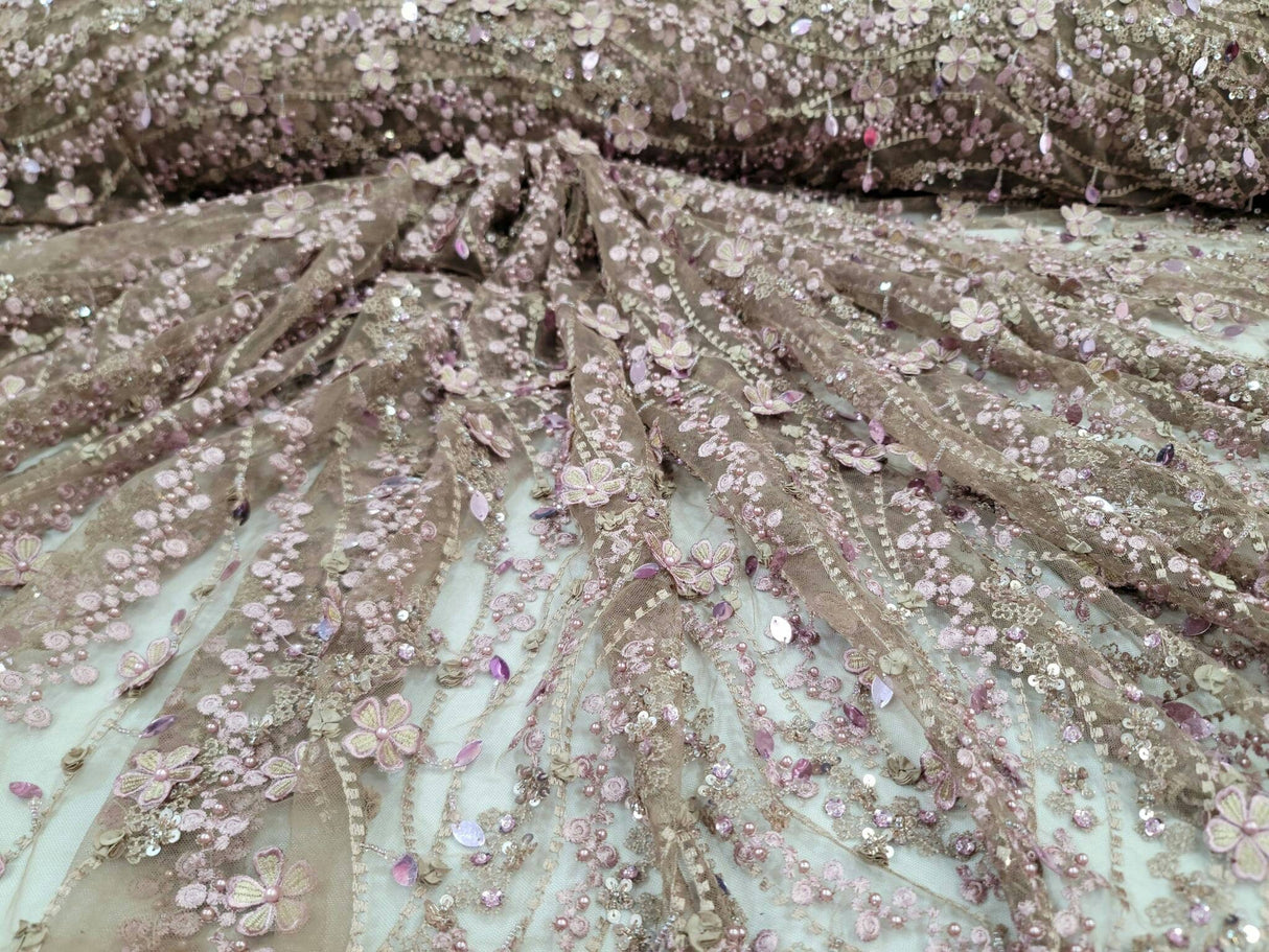 Beaded Lace 3D Embroidery Mauve Taupe Mesh