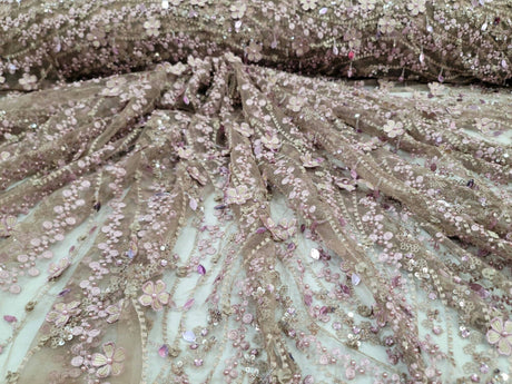 Beaded Lace 3D Embroidery Mauve Taupe Mesh