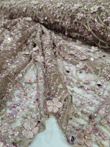 Beaded Lace 3D Embroidery Mauve Taupe Mesh