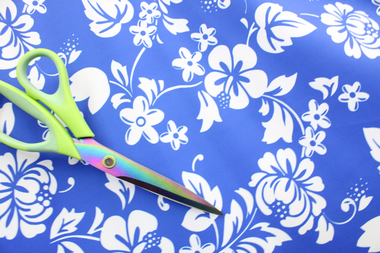 Tropical Blue Hibiscus Floral Polyester Spandex Fabric - Blue Hibiscus Floral, 58"/60" Width (Yard 36" X 60")