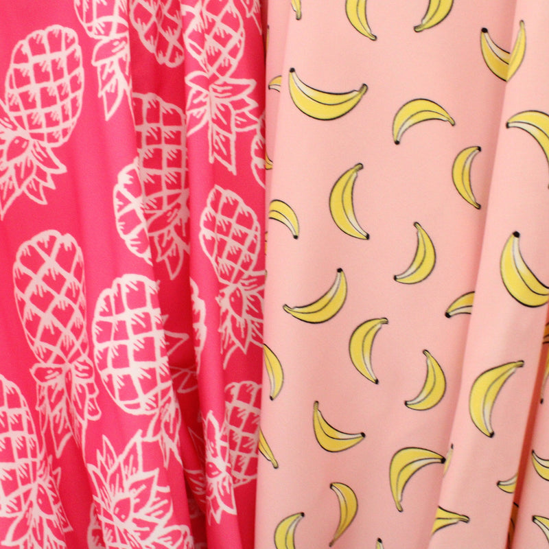 Tropical Fruits Polyester Spandex Fabric - Pineapples, Bananas, 58"/60" Width (1 Yard)