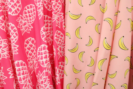 Tropical Fruits Polyester Spandex Fabric - Pineapples, Bananas, 58"/60" Width (1 Yard)