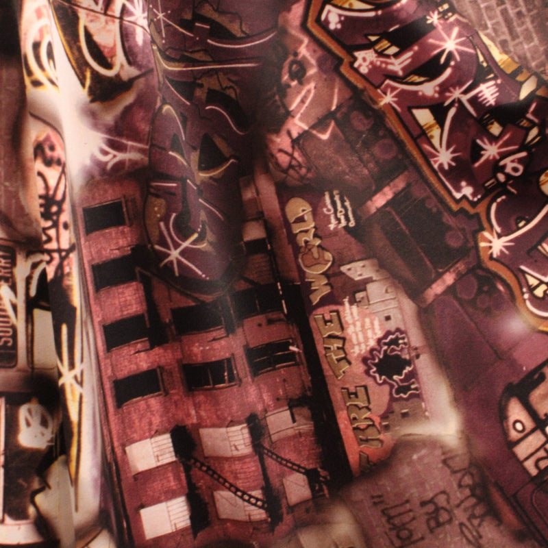 Brown City Life Graffiti Polyester Spandex Fabric - Brown City Life Graffiti Print, 58"/60" Width (1 Yard)