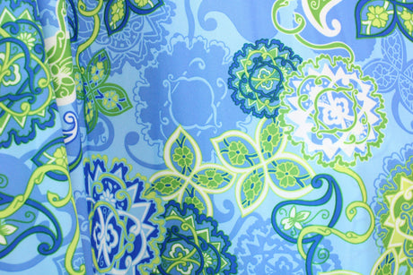 Boho Paisley Polyester Spandex Fabric - Pink Blue Paisley Print, 58"/60" Width (1 Yard)