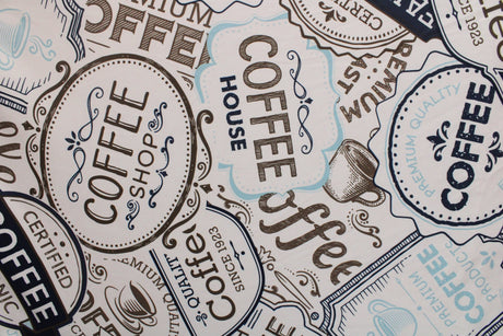 Coffee House Spandex Fabric - Coffee Print, 58/60" Width (1 Yard)
