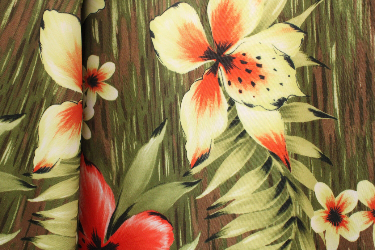 Tiki Floral Polyester Spandex Fabric - Red And Yellow Floral Print, 58/60" Width (1 Yard)