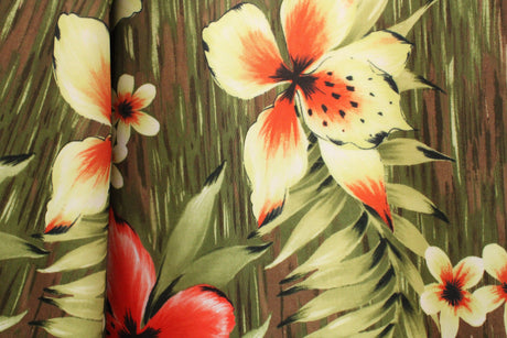 Tiki Floral Polyester Spandex Fabric - Red And Yellow Floral Print, 58/60" Width (1 Yard)