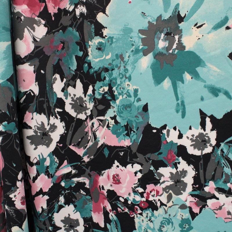 Teal And Pink Floral Spandex Fabric - Teal And Pink Floral, 58"/60" Width (1 Yard)