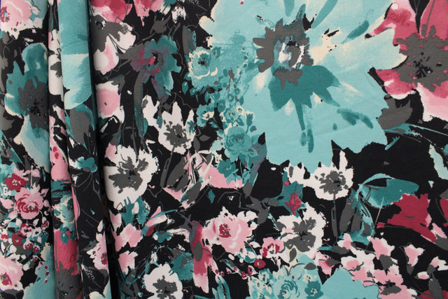 Teal And Pink Floral Spandex Fabric - Teal And Pink Floral, 58"/60" Width (1 Yard)