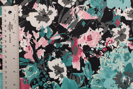 Teal And Pink Floral Spandex Fabric - Teal And Pink Floral, 58"/60" Width (1 Yard)