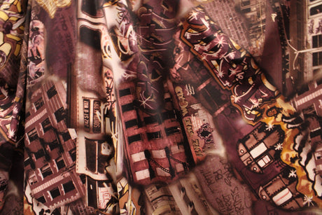 Brown City Life Graffiti Polyester Spandex Fabric - Brown City Life Graffiti Print, 58"/60" Width (1 Yard)
