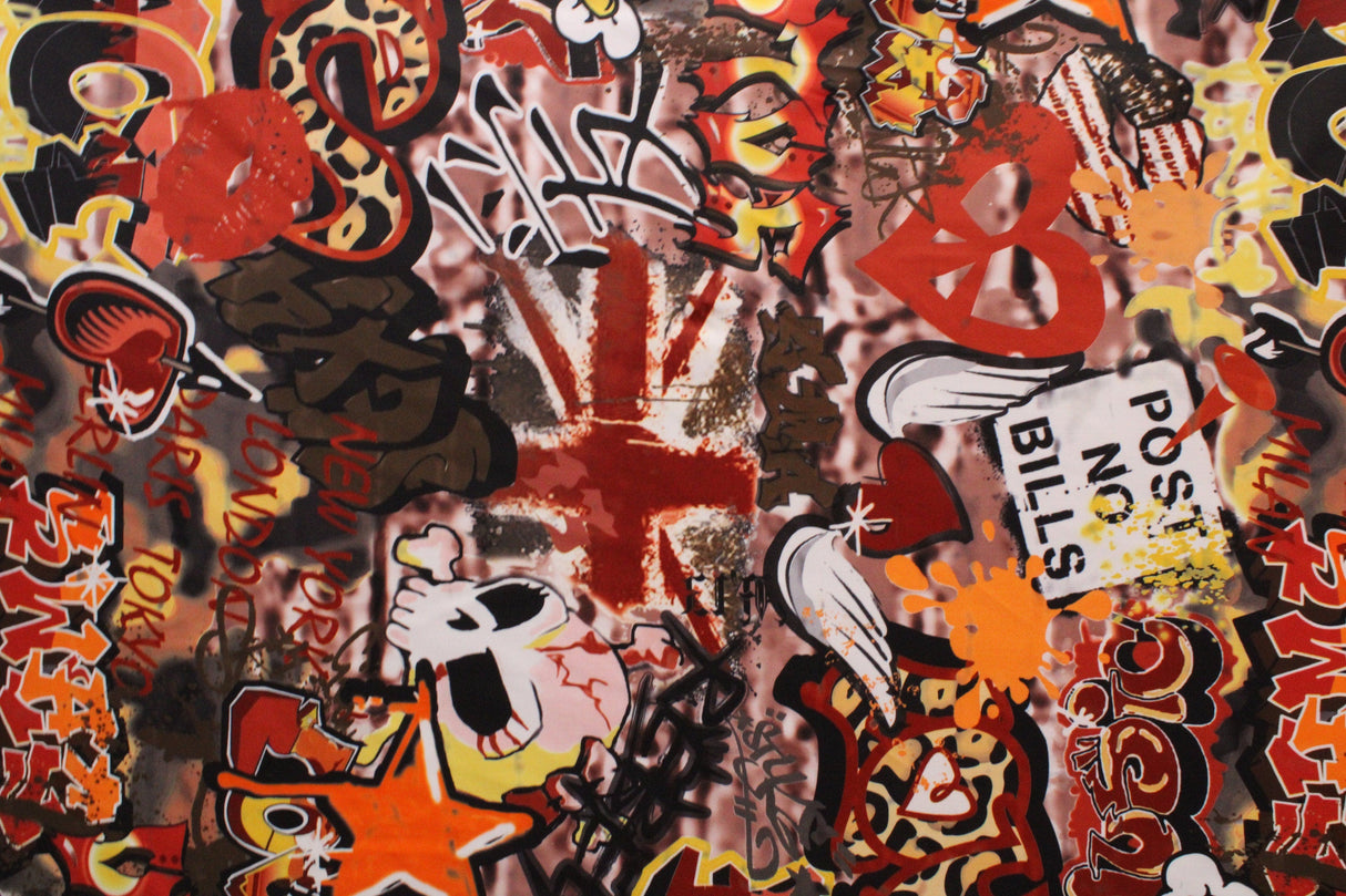 Orange Street Graffiti Polyester Spandex Fabric - Orange Street Graffiti Print, 58"/60" Width (1 Yard)