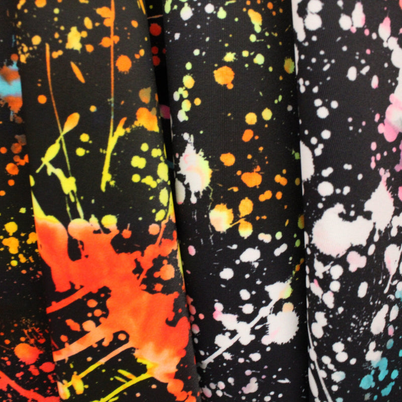 Rainbow Paint Splatter Spandex Fabric - White Splatter, 58"/60" Width (1 Yard)