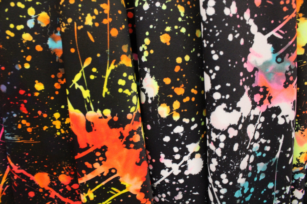 Rainbow Paint Splatter Spandex Fabric - White Splatter, 58"/60" Width (1 Yard)