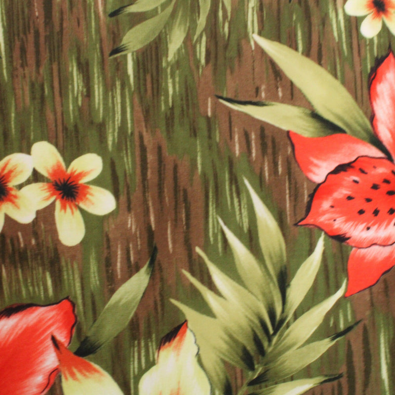 Tiki Floral Polyester Spandex Fabric - Red And Yellow Floral Print, 58/60" Width (1 Yard)