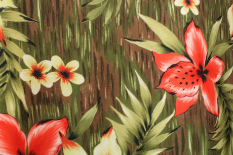 Tiki Floral Polyester Spandex Fabric - Red And Yellow Floral Print, 58/60" Width (1 Yard)