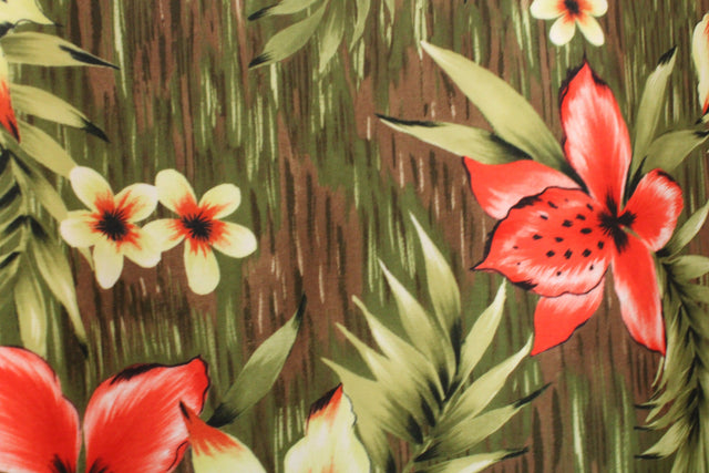 Tiki Floral Polyester Spandex Fabric - Red And Yellow Floral Print, 58/60" Width (1 Yard)