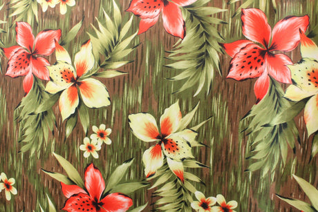 Tiki Floral Polyester Spandex Fabric - Red And Yellow Floral Print, 58/60" Width (1 Yard)