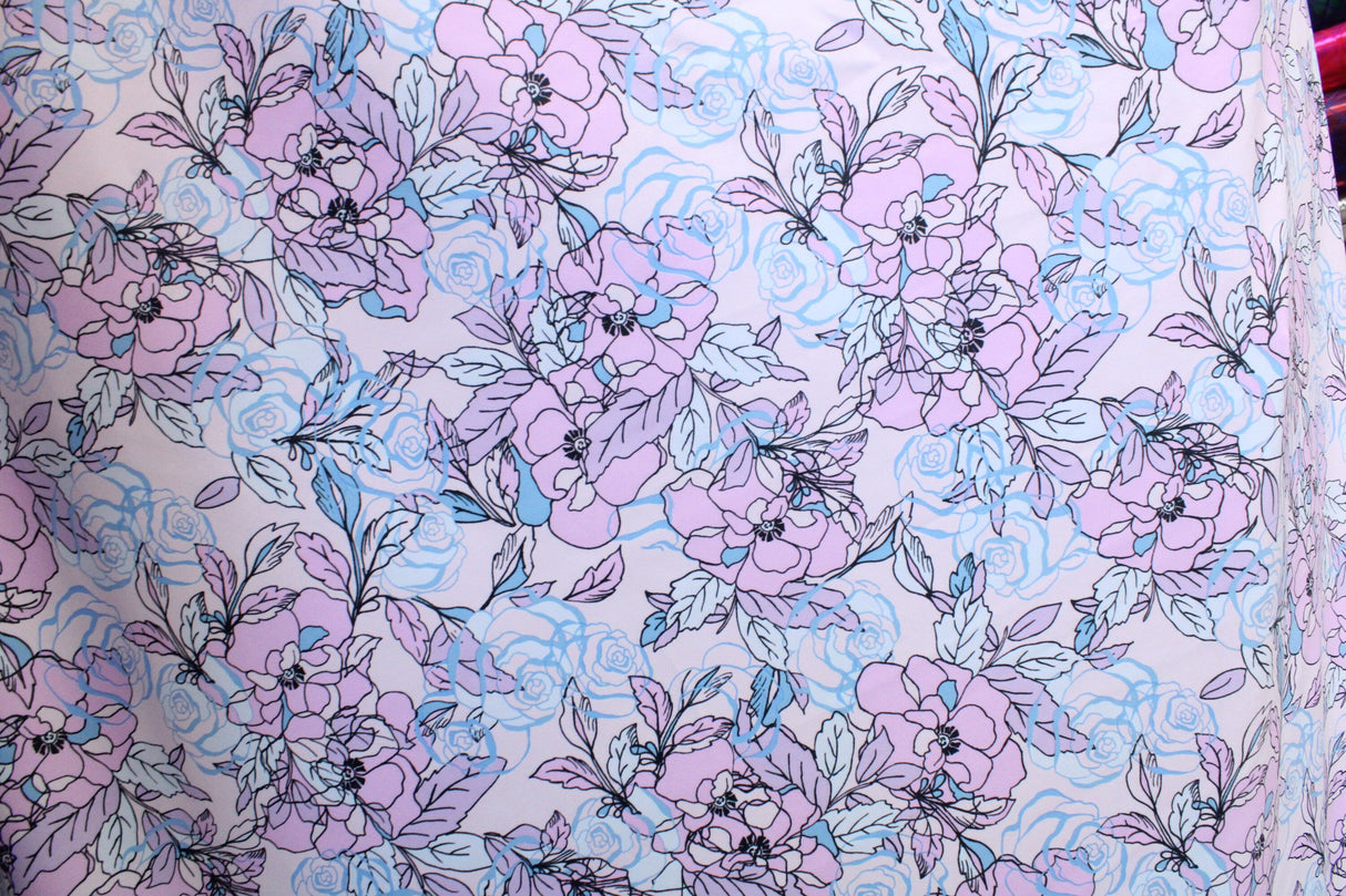 Lilac Floral Print Spandex Fabric - Lilac Floral Print, 58/60" Width (1 Yard)