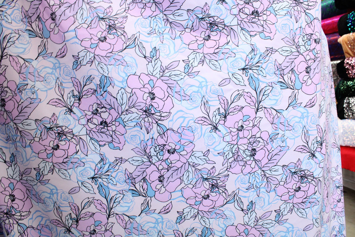 Lilac Floral Print Spandex Fabric - Lilac Floral Print, 58/60" Width (1 Yard)