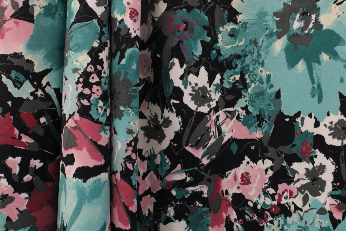 Teal And Pink Floral Spandex Fabric - Teal And Pink Floral, 58"/60" Width (1 Yard)