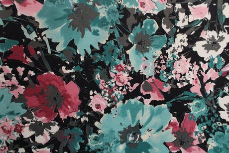 Teal And Pink Floral Spandex Fabric - Teal And Pink Floral, 58"/60" Width (1 Yard)